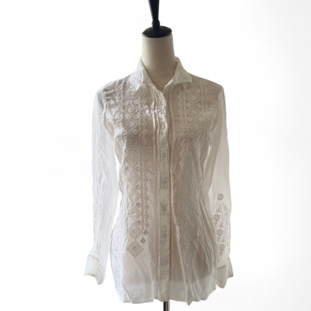 Johnny Was White Embroidered Crinkle Button Down Tunic Shirt size S